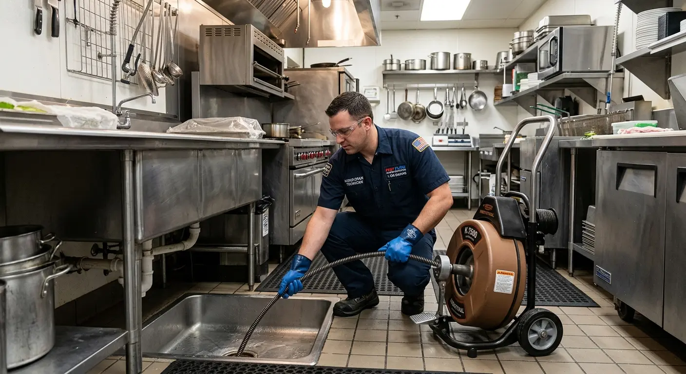 Commercial drain cleaning service in a restaurant kitchen in Panama City