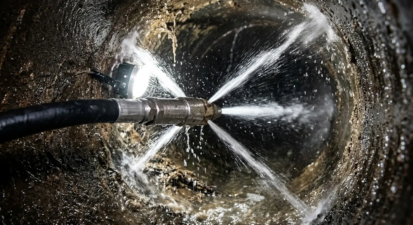 High-pressure hydro jetting nozzle cleaning sewer pipe for Emergency Drain Service in Panama City