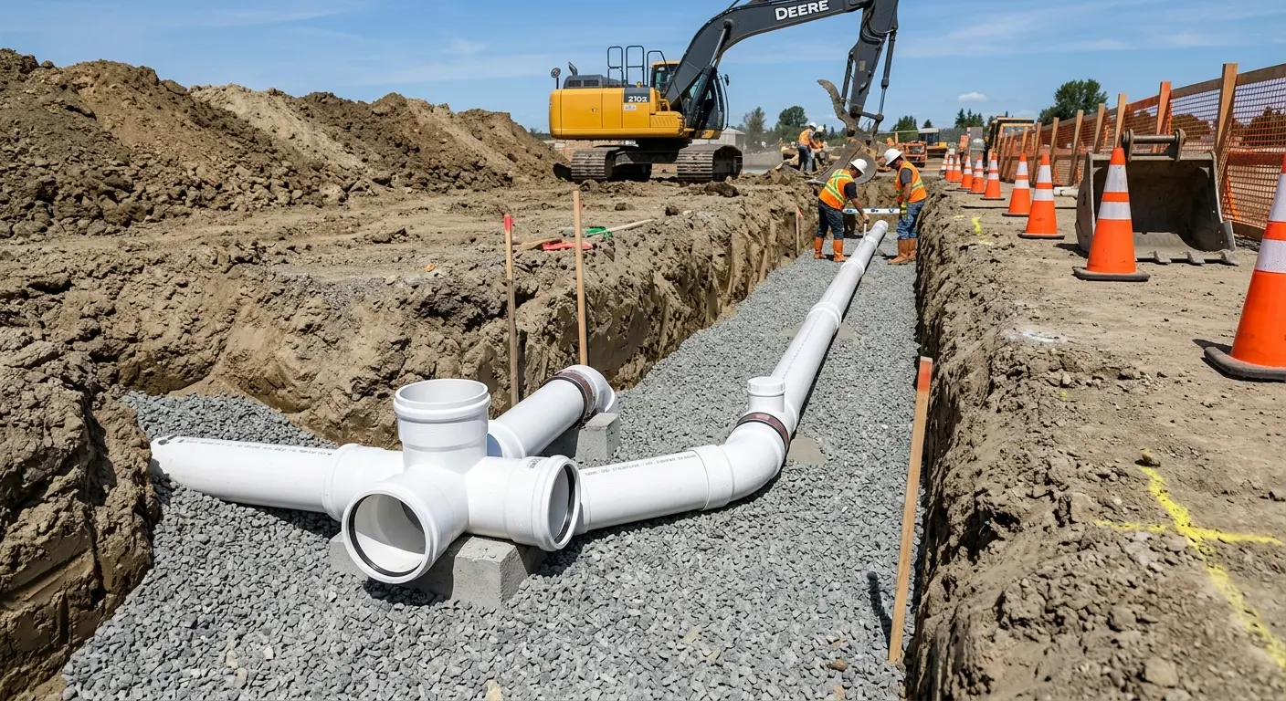 New PVC sewer pipe installation in open trench for Sewer Backup in Panama City