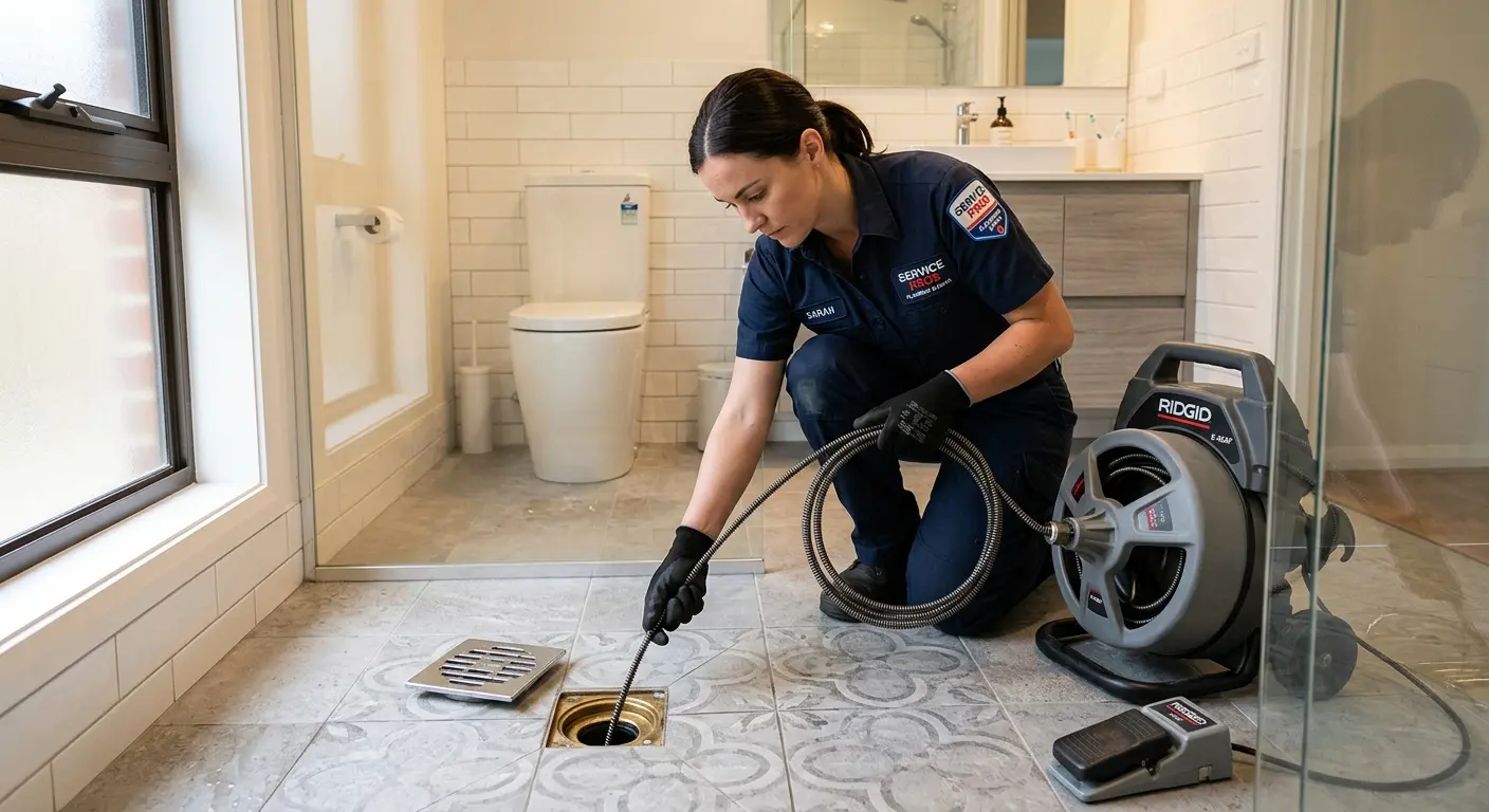 Technician clearing a bathroom floor drain for Drain Cleaning in Panama City
